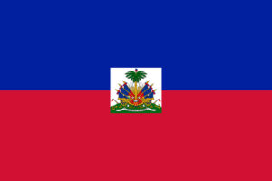 bandiera di Haiti, banda blu, banda rossa al centro uno stemma su fondo bianco