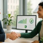 Imprenditore stringe la mano a una funzionaria in un ufficio sostenibile, simbolo di collaborazione negli appalti verdi GPP.