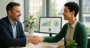 Imprenditore stringe la mano a una funzionaria in un ufficio sostenibile, simbolo di collaborazione negli appalti verdi GPP.