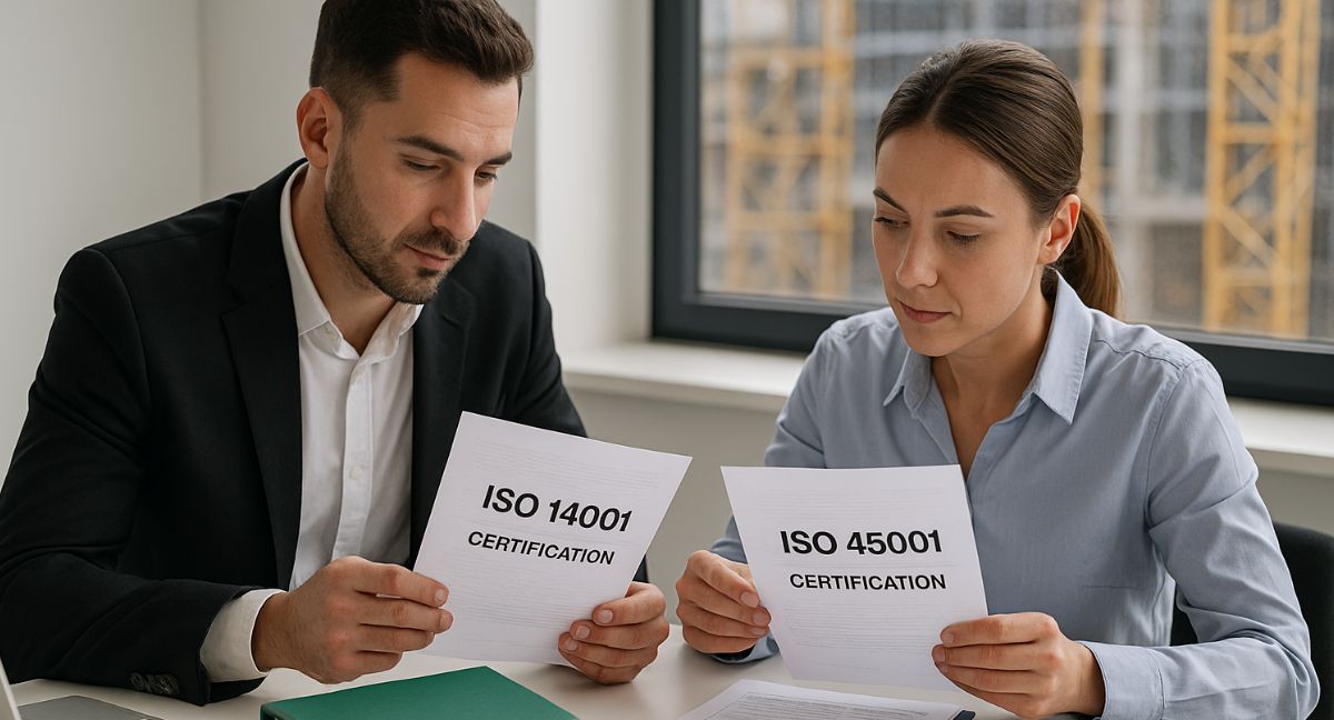 Professionisti esaminano documenti ISO 14001 e 45001 in ufficio tecnico con vista su cantiere