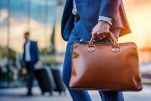 ビジネスバッグを持つスーツ姿の男性、国際市場での取引や保証制度を象徴する場面」