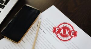 Documento contrattuale con timbro rosso "FAKE", smartphone e parte di laptop. Immagine che simboleggia polizze fideiussorie false e truffe digitali segnalate dall'IVASS.