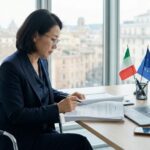 이탈리아에서 사업을 준비하는 한국 기업 임원이 국제 세무 관련 서류를 검토하는 장면