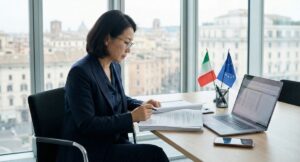 이탈리아에서 사업을 준비하는 한국 기업 임원이 국제 세무 관련 서류를 검토하는 장면