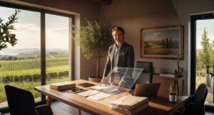 Imprenditore agricolo italiano in ufficio rurale con documenti e garanzia assicurativa, concetto di fideiussione ISMEA per anticipo contributi a fondo perduto