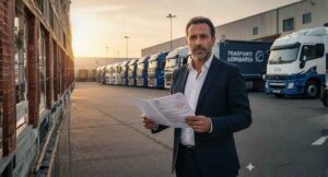 Imprenditore nel settore autotrasporto davanti alla flotta di camion mentre verifica i documenti per l’idoneità finanziaria autotrasportatore 2026