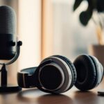 "La Fideiussione" 팟캐스트 로고와 서류에 서명하는 모습이 담긴 배너, 그리고 그 옆에 놓인 마이크와 헤드폰 이미지.