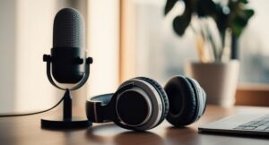 "La Fideiussione" 팟캐스트 로고와 서류에 서명하는 모습이 담긴 배너, 그리고 그 옆에 놓인 마이크와 헤드폰 이미지.