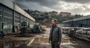 Business owner standing in an industrial yard after flood damage, representing catastrophic risk insurance protection for companies